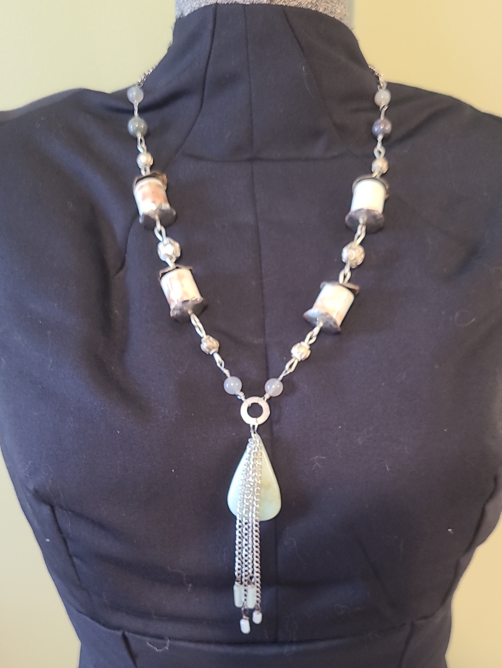 Chain Necklace with Pale Aqua Teardrop Pendant, Handmade by Grey Dove Creations